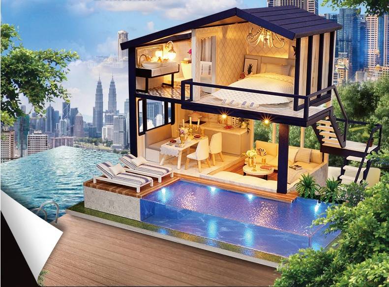 Modern Miniature Wooden DIY Doll House with Furniture Modern Miniature Wooden DIY Doll House with Furniture